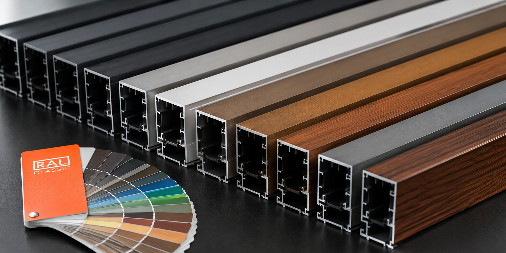 Aluminum profiles with RAL color samples for architectural use.