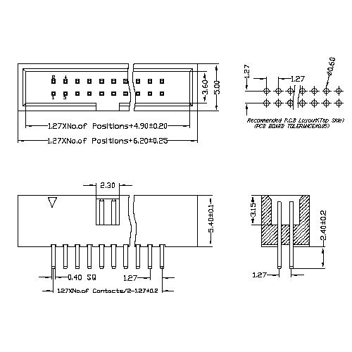 1.27 mm Box Header 180°,H=5.4mm