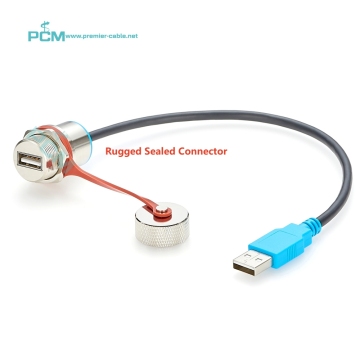Industrial Weatherproof USB Extension Cable - 30cm, Male to Female, IP67 Rugged Seal, Panel Mount with Cap