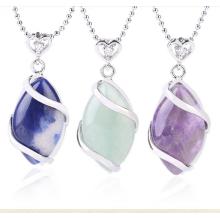 Silver Wrapped Oval Gemstone Pendant Necklace for women