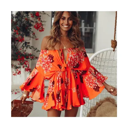 Hot Selling Bohemian Summer Dresses Women Printed Off Shoulder Ruffled Dress Jumpsuit Beach Vestidos