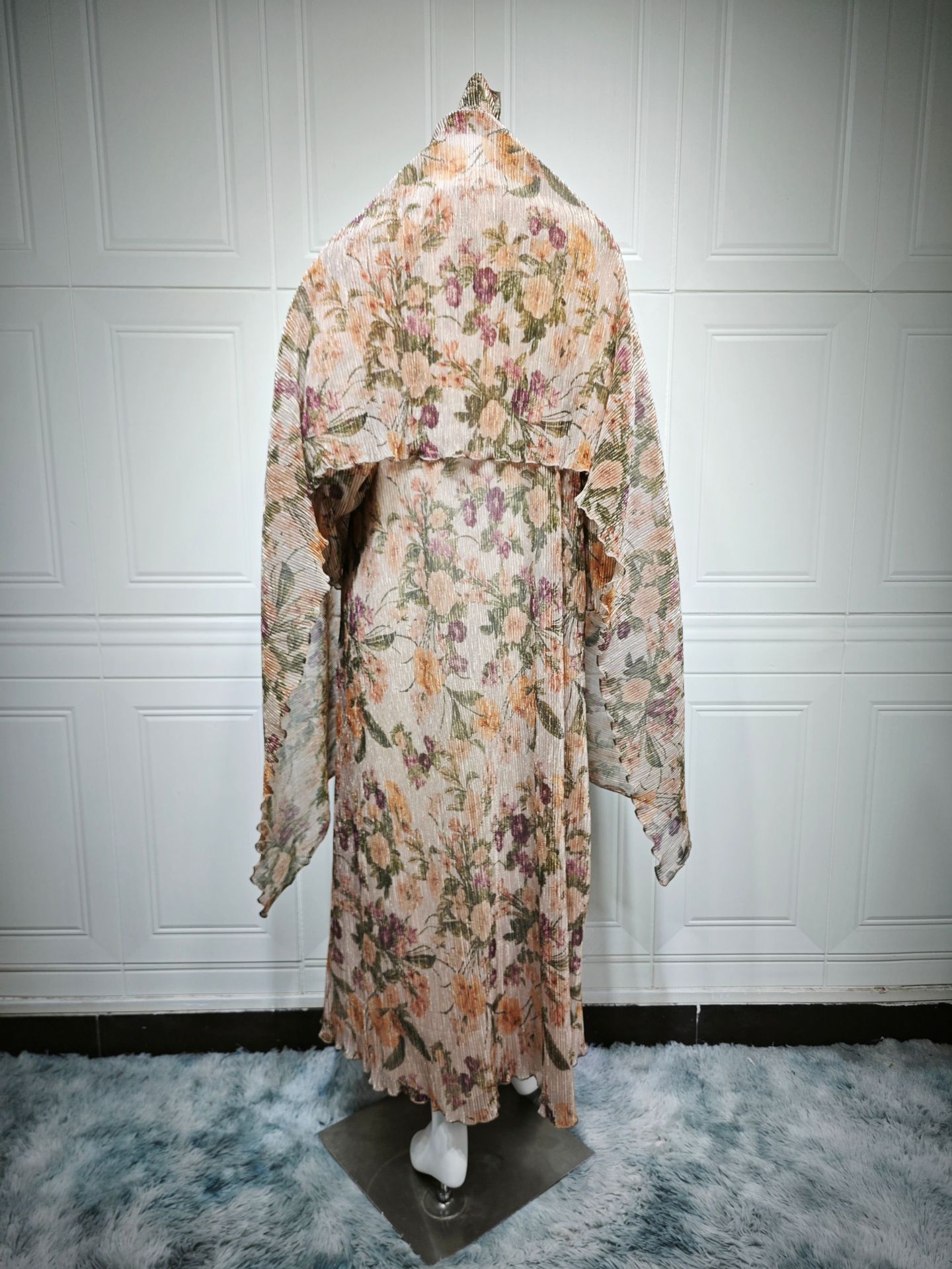 Floral Pleated Two Piece Abaya Set with Hijab