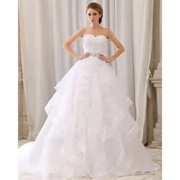 Long puffy ruffled organza skirt ball gown wedding dress, 2014