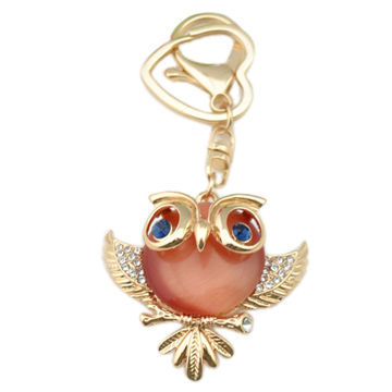 Owl-shaped pink opal new hot sale chic rhinestone keychain, OEM/ODM/small orders are welcome