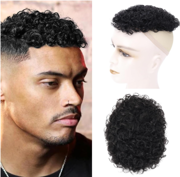 Men's Black Short Curly Human Hair Toupee Wig
