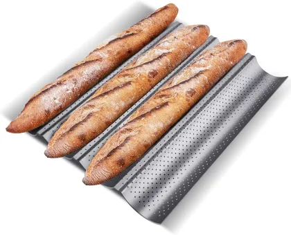 Nonstick Perforated Baguette Pans for Crisp Golden Brown Bread - 4 Loaves Bakery Tray