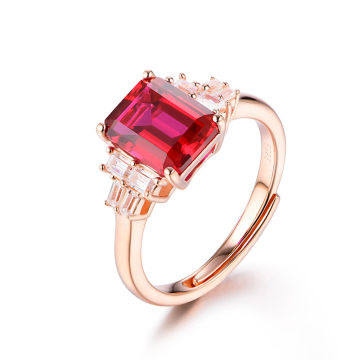 Vintage-Style Adjustable Square Lab-Created Ruby Emerald Cut Ring in 925 Sterling Silver for Women
