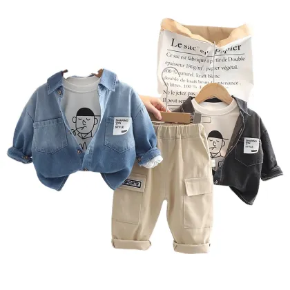 Customizable New Style Autumn Boys' Clothing Set: Denim Coat, T-Shirt, Cargo Pants - OEM & ODM Options Available