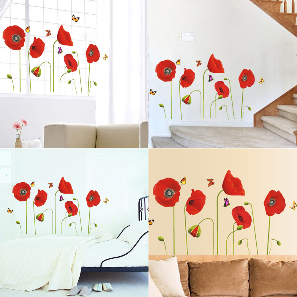 Graphics Wall Sticker PVC Window Ornament Red Poppy Flowers Butterflies ...