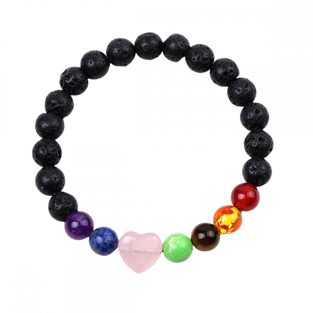 Gemstone 7 Chakra Guérison Reiki Stretch Bracelet Black Lava Pierre avec des bracelets élastiques de charme de coeur cristallin pour hommes femmes