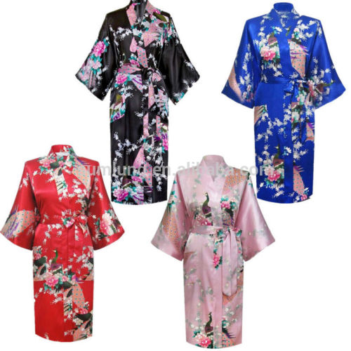 10 Colors Women Peacock Kimono Robe Silk Pajamas Girl Sleepwear Summer Yukata with Belt China Factory Direct Supply offer OEM