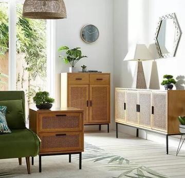 Rustic Style Rattan Wooden Cabinet for Living Room Storage and TV Display