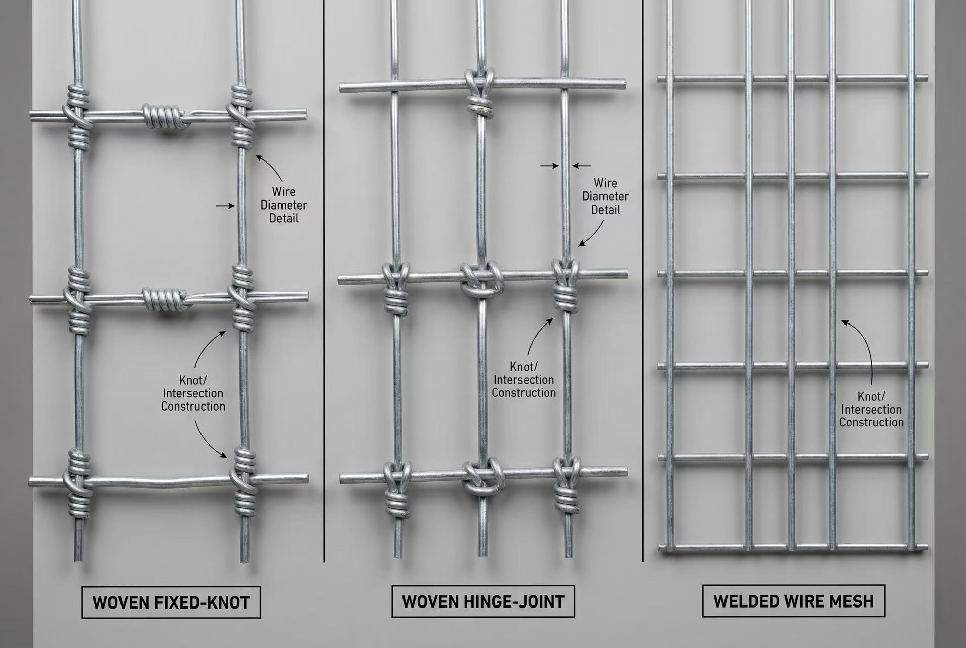 Side-by-side comparison of fixed-knot, hinge-joint, and welded wire mesh field fence showing knot construction detail
