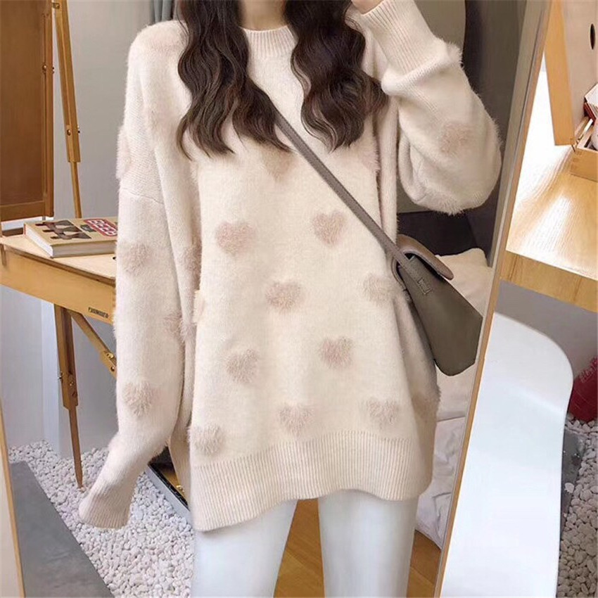 Autumn and winter new loose wild sweet peach heart mink wool sweater women's small fresh pullover sweater