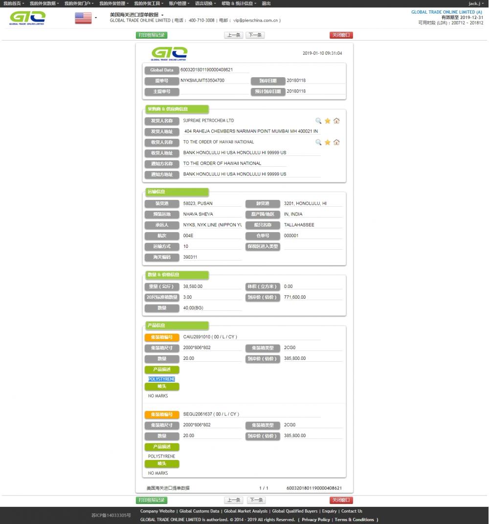 Polystyren USA Import Data