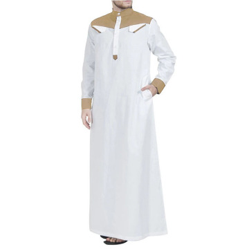 Middle East Islamic Jubba Thobe with Pockets - Stand Collar Patchwork Long Sleeves Abaya Robe for Men