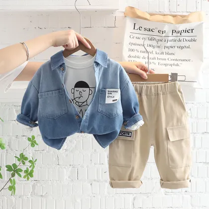 Customizable New Style Autumn Boys' Clothing Set: Denim Coat, T-Shirt, Cargo Pants - OEM & ODM Options Available