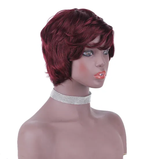 wholesale pre plucked full machine wig with side bangs 99j perruque pixie curl short bob wig raw human hair wigs color 99j