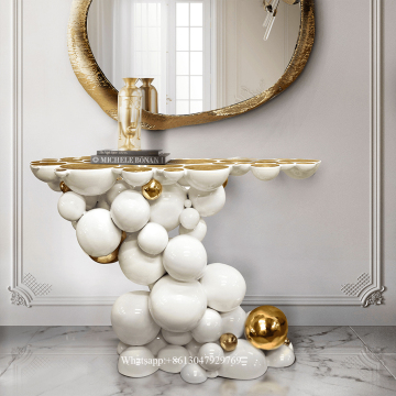 Modern Luxury Stainless Steel Console Table with Mirror - Custom Italian Design White and Gold Entryway