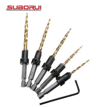 SUBORUI Adjustable 4 Flute Tapered HSS Hex Shank Countersink Drill Bit Set for Woodworking