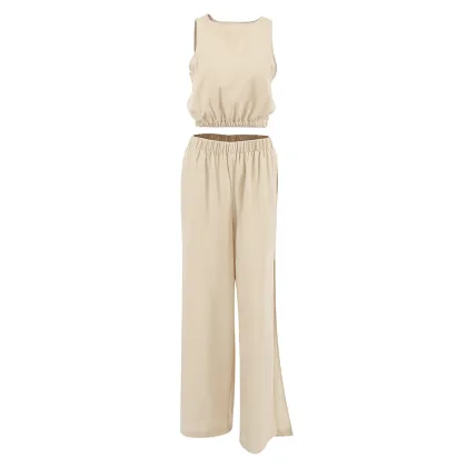 Summer Casual Cotton Linen Green Pants and Sleeveless Top Sets for Women 2024