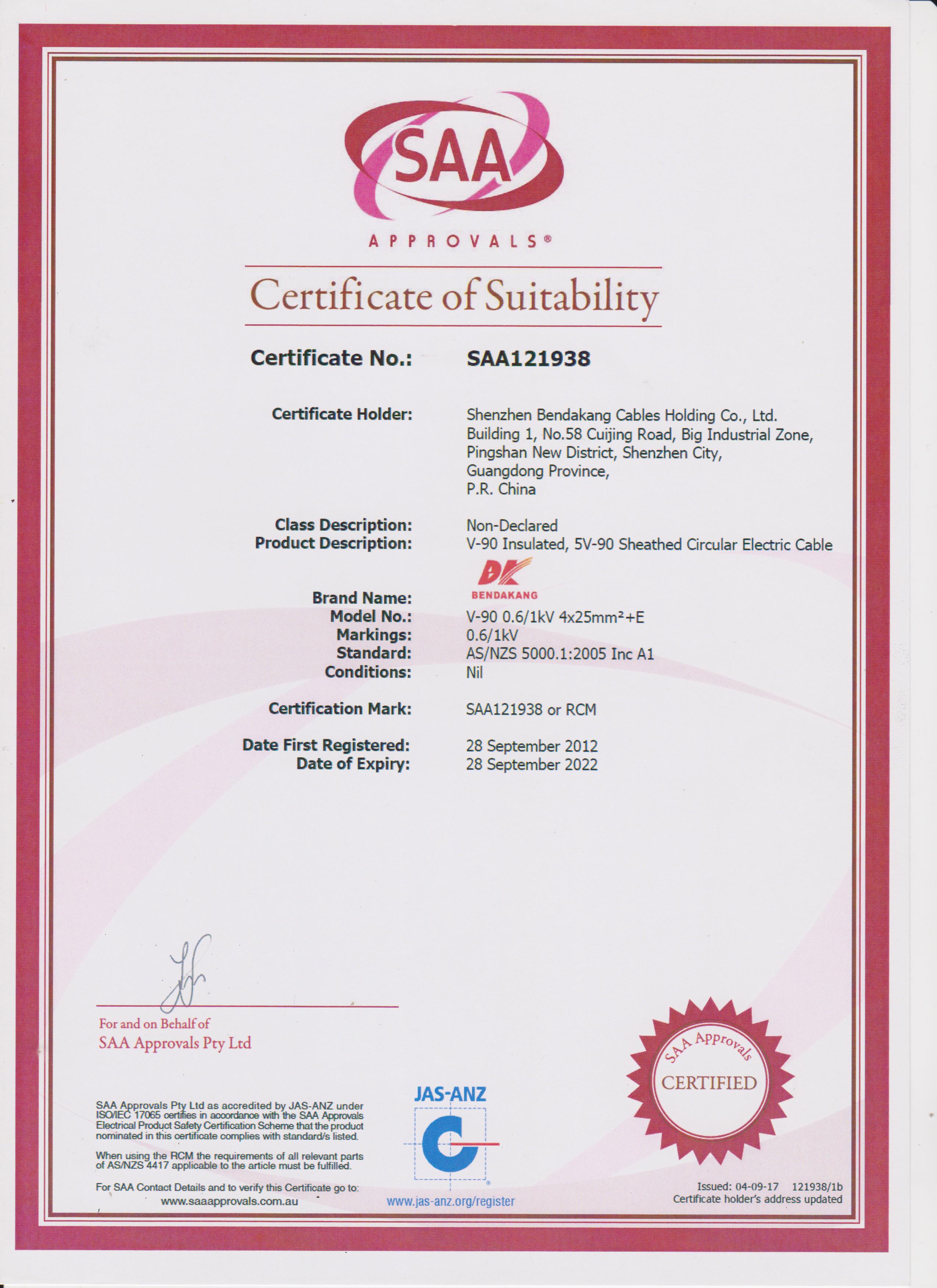 circular cable AS-NZS 5000.1  1 Approval