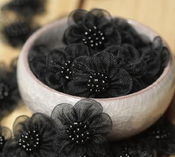 3D black Flower embroidery lace patches DIY beads