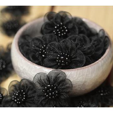 3D patch renda bordir Bunga hitam DIY manik-manik