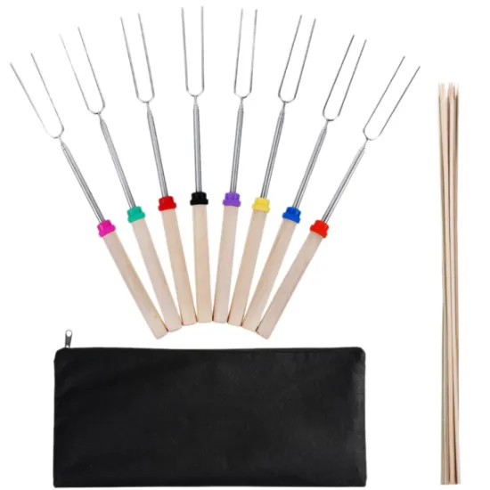 New 8 Color Wood Handle & Stainless Steel BBQ Skewers: Telescoping Marshmallow Roasting Sticks