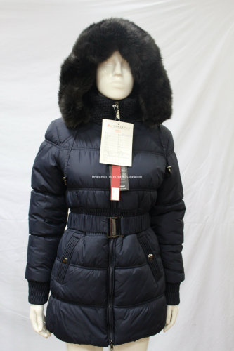 2014 Ladies Fur Hood Elastic Waist with Belt Winter Overcoat (AH-0335)
