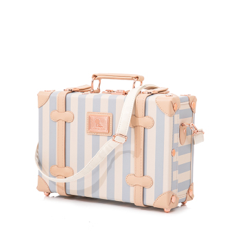 Retro Blue Stripe Mini Leather Trunk - Vintage Carry-on Overnight Case with Cosmetic Bags