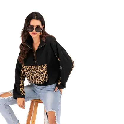 Women's Casual Stitching Leopard Print Pullover Sweatshirt