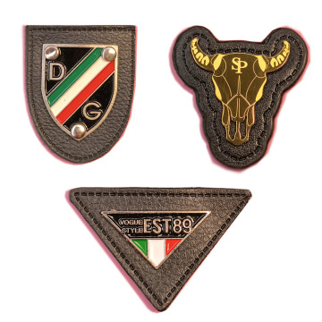 Metal and Leather Adhesive Clothing Labels with Engraved Logos