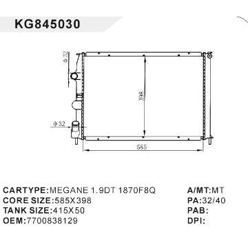 auto radiator car:MEGANE 1.9DT 1870F8Q OEM:7700838129