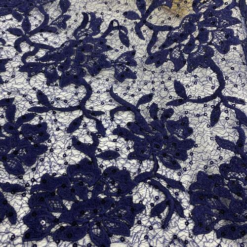 Dark Bule 3D Flower Sequin Embroidery Fabric