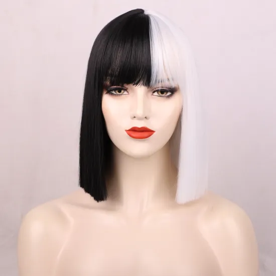 Short straight Bob Wigs Bangs Women Synthetic Wig Shoulder Length Black half White Hair Girl's Colorful Hair Halloween Cosplay