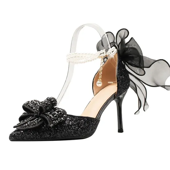 2024 Summer High Quality Banquet Sandals: Glittery, Shiny Pearl Bowknot Party High Heels for Women