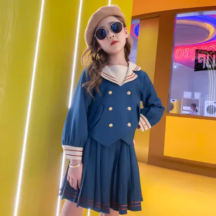 Autumn lapel long-sleeved shirt girls clothing suit blue pleated skirt girls 2 piece clothing sets