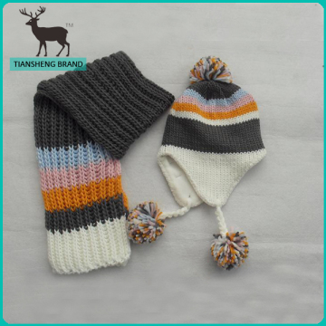 Popular stripe pattern knitted earflap warm children knitted hat and scarf