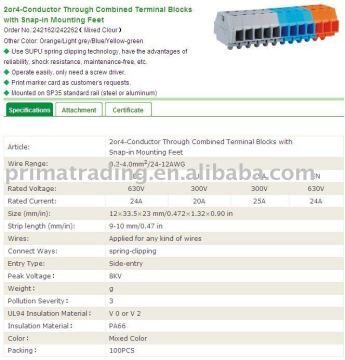 2 or 4 Conductor Combined Terminal Block with Snap-in mounting feet
