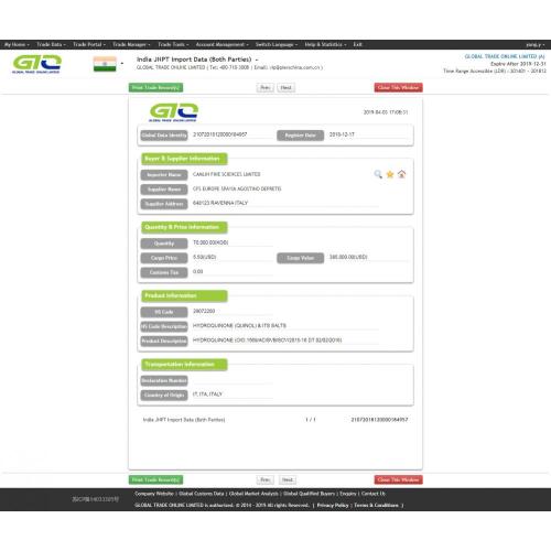 Hydroquinone India Import Data Sample