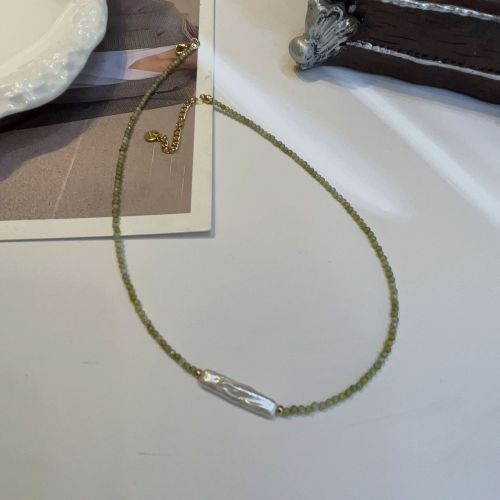 Custom Natural Olivine Green Necklace with freshwater pearl