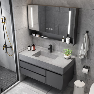 Vanity phòng tắm màu xám hiện đại với gỗ và tủ nổi bằng đá cẩm thạch