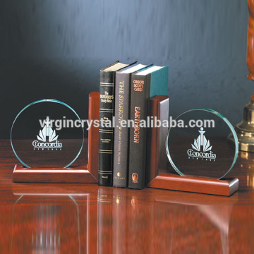 Customized Logo Engraved Round Glass engraved Bookend With Wooden Base For Crystal Office decoration Set
