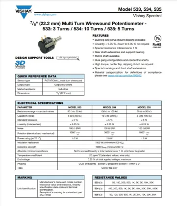 Vishay Conductive Plastic Potentiometers 534-11103 - 10K Wirewound Potentiometer