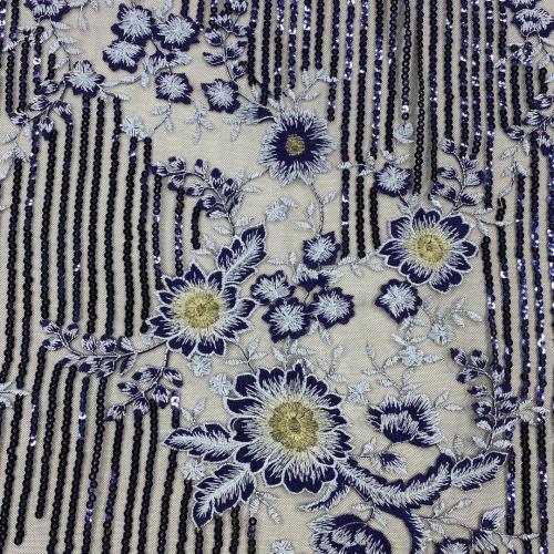 Tissu de broderie à sequins bleu marine métallique / brillant