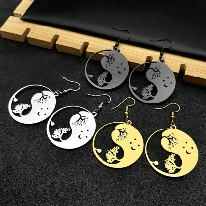 Tai Chi Tree of Life Star Moon Pendant Earrings - Stainless Steel Silver Jewelry Gifts for Men and Women