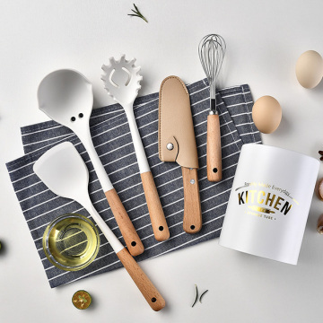 Silicone Kitchen Turner Spatula Spoon Set with Beech Handle