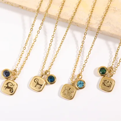Waterproof 18K Gold Plated Zodiac Necklaces with Stainless Steel, 12 Zodiac Signs, Zircon Birthstone Pendant - INS Jewelry