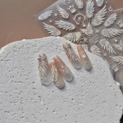 White Angel Wings Nail Stickers with Crystal Diamonds